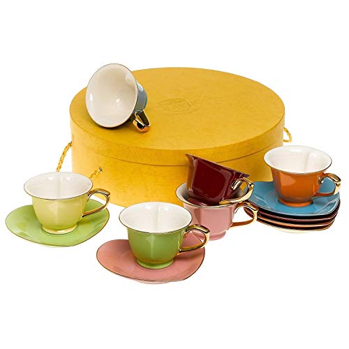 Tea and Coffee Cups with Saucers (Set of 6) by Classic Coffee & Tea|Charming, Inside Out Heart Shaped Cups Saucers|Fine Porcelain In 6 Colors with Gold Plated Ends & Handles|Great Gift Idea|6.5 oz - Thumbnail 4
