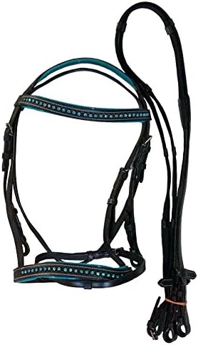 Black Leather Padded English Bridle with Teal Crystal Browband (Horse)