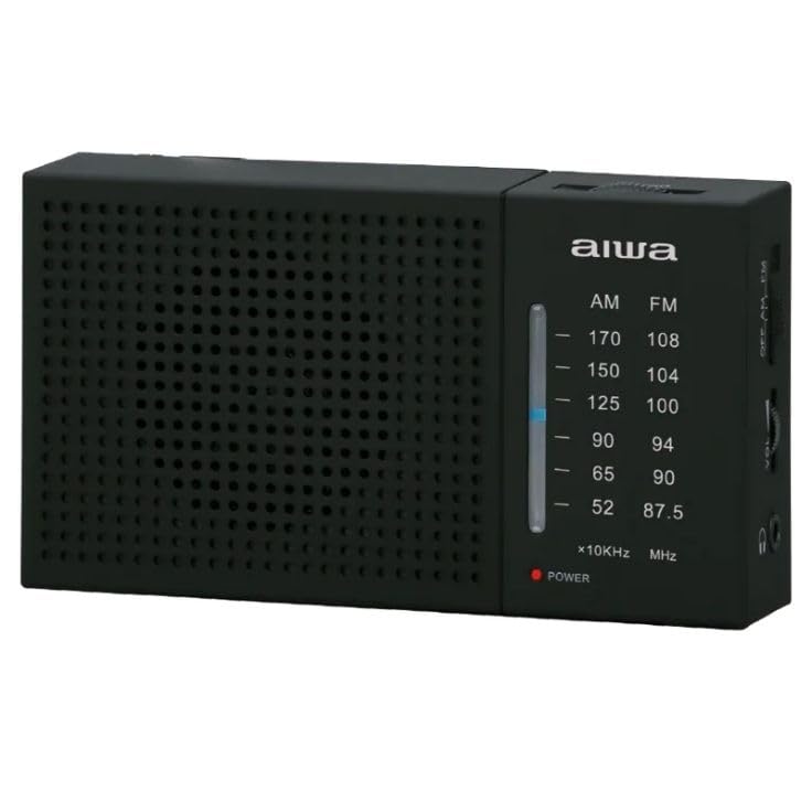 Aiwa Radio Portátil Am/FM Analógica AWFML2, Altavoz 1.5”, Antena Telescópica, Funciona con 2 Pilas AA, Entrada Audífonos 3.5 mm, Compacta y Ligera, Color Negro