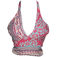 Womens Halter Top Upcycled Silk Printed Tie Back Sexy Crop Tops OneSize