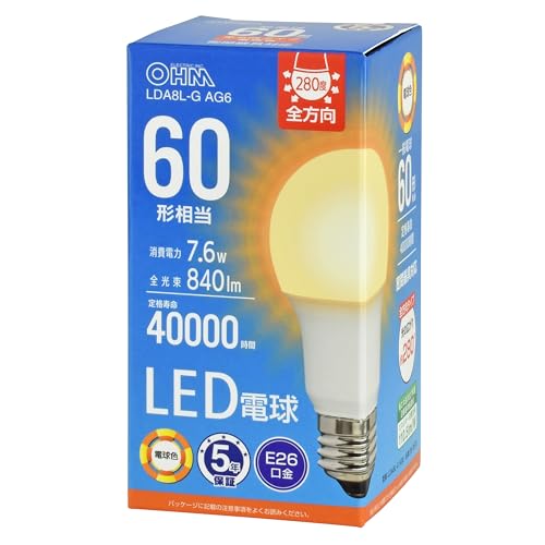 オーム電機 LED電球 E26 60形相当 電球色 LDA8L-G AG6 06-3673 OHM