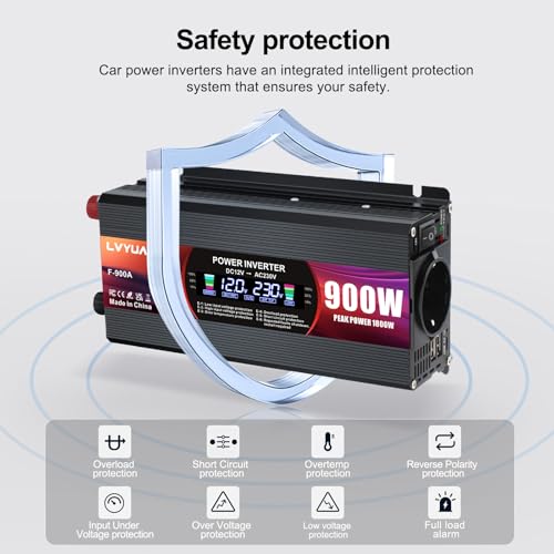 LVYUAN Inverter 12V 230V 900W Voltage Converter with EU Plugs, 2 USB, Alligator Clip, Cigarette Lighter and LCD Display Inverter Peak 1800W