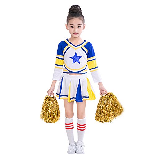 Girls Blue Cheerleader Long Sleeve Outfit+Poms+socks Fits 3-15Yrs Clothes Dress (6-8) - Thumbnail 6