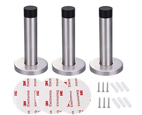 Dproptel Adhesive Mounted Door Stop Chrome Silver Heavy Duty Doorstop Stainless Steel Door Stopper with Bumper Rubber Buffer - 3 Pack (9.5cm)
