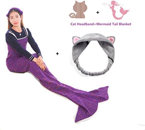 iBose Adult Mermaid Tail Blanket Cat Headband Throw Little Girl Toddle Long Extra Size Fin Fun Fishtail Sleeping Bag Soft Warm Snuggie Weighted Receiving Knitted Cover Living Room Car Camp Toy