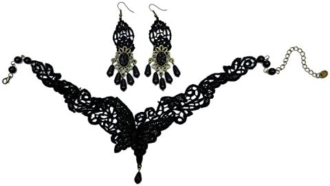 Women Fashion Gothic Punk Tassels Jewelry Black Lace Choker Collar Stylish Necklace (Butterfly Necklace with Earrings Set 01)