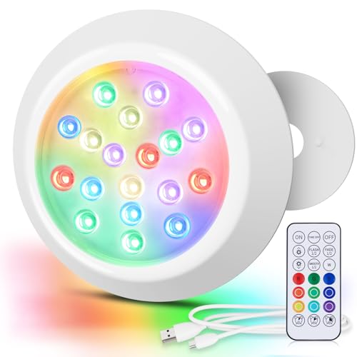 LyLmLe 15 cm Underwater LED Underwater Light for Above Ground Swimming Pools, RGBW IP68 Waterproof with Remote Control, Powered by USB-C Rechargeable, 18 LEDs Wood Pool Lamp