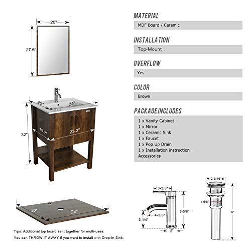 eclife 24" Bathroom Vanity Sink Combo W/Overflow White Drop in Ceramic