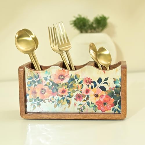 Brick Brown ® Premium Wooden Pastel Flora Cutlery Holder Spoon stand for kitchen | cutlery holder for dining table | wooden caddy storage organiser stand with 3 section Caddy holder (8.2x4.2x4 inch)