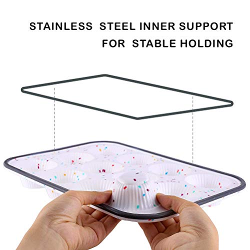 Silicone Muffin Pan,Regular 12 Cups Cupcake Baking Pan, Stainless Steel metal frame inside, BPA Free Dishwasher - Microwave Safe