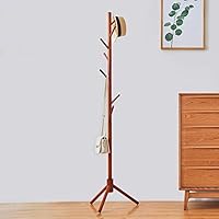 WALTSOM Coat Racks Free Standing, Wooden Coat Hat Tree with 8 Hooks, Hallway Entryway Clothes Hanger Hook Stand for Coat, Scarves, Handbags, Umbrella, NO Tools Required, Solid Wood (Caramel)