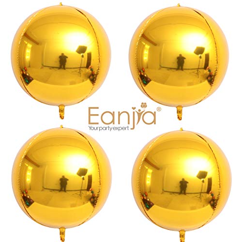 Hangable 4 Count 16" Gold 4D Foil Balloon Round Sphere Aluminum Foil Balloon Mirror Metallic Golden Balloon Birthday Party Wedding Baby Shower Marriage Party Decor Supplies Balloon arc(Gold, 16")