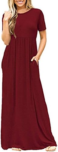 ORQ Women's Solid Short Sleeve High Waist Loose Casual Maxi Tunic Dress with Pockets,Wine Red,Small