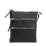 DELUXITY Essential Casual Functional Multi Pocket Double Zipper Crossbody Purse Bag for Women (Black)