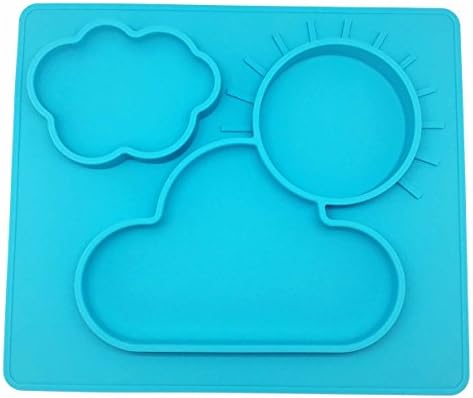 PloveS One Piece all-in-one Silicone Baby Feeding Placemat and Plate Mold Tray, Dinner Dish with Cloud and Sun Design dinnerware for babies, toddlers and kids (Light Blue)