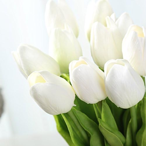 WELMAY 13.3'' PU Mini Tulip Real Touch Wedding Decoration Artificial Flowers Home Display Fake Floral Pack of 12 (Cream)