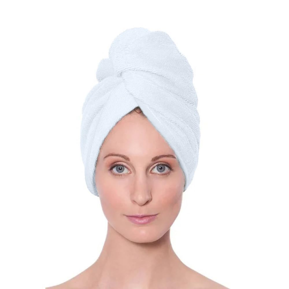 Laam linen 100% COTTON Hair Turban Towel Dry Hair Towel Wrap Lightweight Turban Cap with Loop and Button Fastener Absorbent Dry Hair Quickly for Women (68 cm x 27 cm, White)