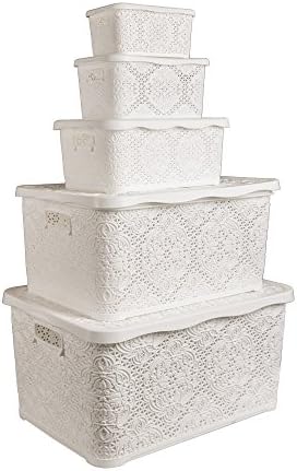 Madeline White Patterned Plastic Box with Lid ? Size 5