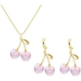 ONLYJUMP 3D Cherry Earrings Necklace Set for Women Dainty Fruit Charm Earring Pink Cherry C-shaped Hoop Earrings Lovely cherry Earring Necklace Funny Cute Fruit Jewelry Gifts