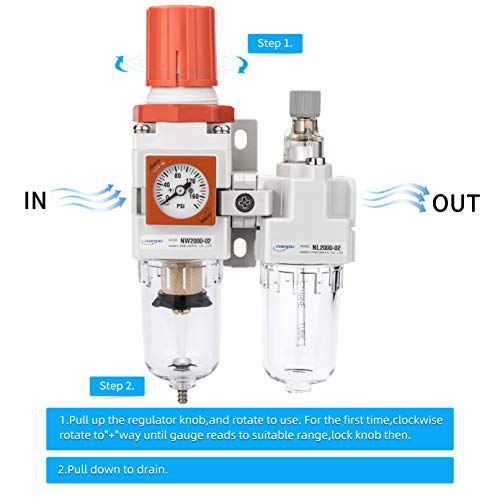 NANPU NC Compressed Air Filter Regulator Lubricator Combo NPT Water/Oil Trap Separator - Embedded Gauge(0-150 psi), Semi-Auto Drain,Poly Bowl, Bracket - 3 in 1 Two Unit (1/4" NPT) - Thumbnail 3