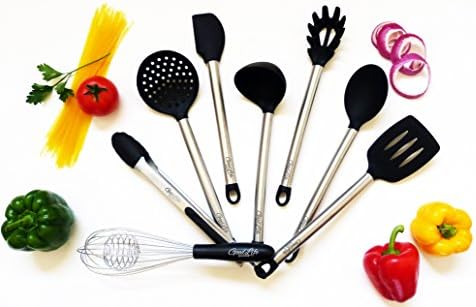 Kitchen Utensils - 8 Piece Stainless Steel & Silicone Kitchen Utensil Set - Nonstick Cooking Utensils - Egg Whisk, Food Tongs, Skimmer, Soup Ladle, Pasta Server, Serving Spoon, Flex & Slotted Spatula