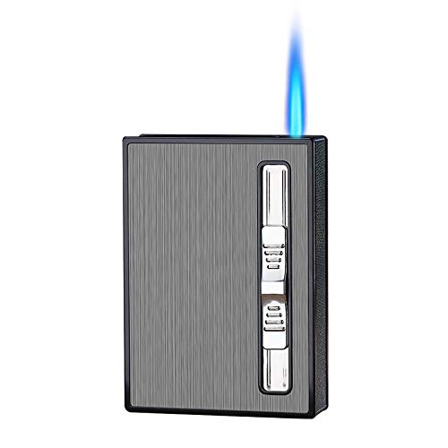 Cigarette Case with Built-in Lighter Windproof Refillable Butane Jet Torch Lighter Automatic Ejection Cigarette Case Dispenser Box Holder (Black)