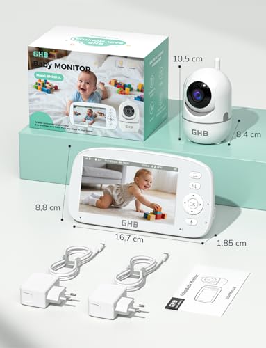 GHB Baby Monitor Video and Audio 5'' 720P Screen 5000mAh, 350°/110°, Temperature Detection, VOX, Bidirectional Intercom, Integrated Lullaby
