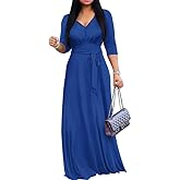 MarryUP Maxi Dress for Women 3/4 Sleeves V-Neck Semi Formal Church Long Casual Dresses with Pockets