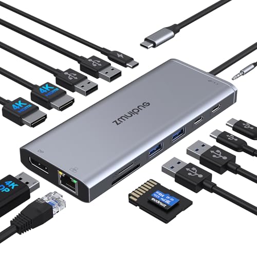 USB C Docking Station 2 Monitore, Laptop Dockingstation Triple Display, 14 in 1 USB-C Hub Adapter mit Dual HDMI, DisplayPort, Ethernet, 100W PD, 2 USB
