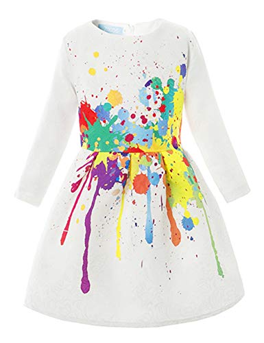 21KIDS Creative Art Colorful Paint 3/4 Sleeves Formal Easter Dress Print Summer Girls Casual Dresses,6,Long Sleeve(with Lining)