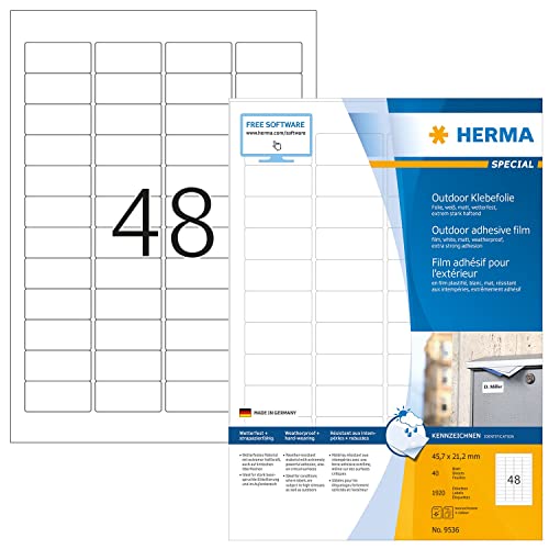 HERMA Self Adhesive Film Labels, 48 Labels per A4 Sheet, 40 Sheets, 45.7 x 21.2 mm, 1920 Labels, Blank Weatherproof Labels Stickers, Sticky Labels for Laser & Inkjet Printer, White