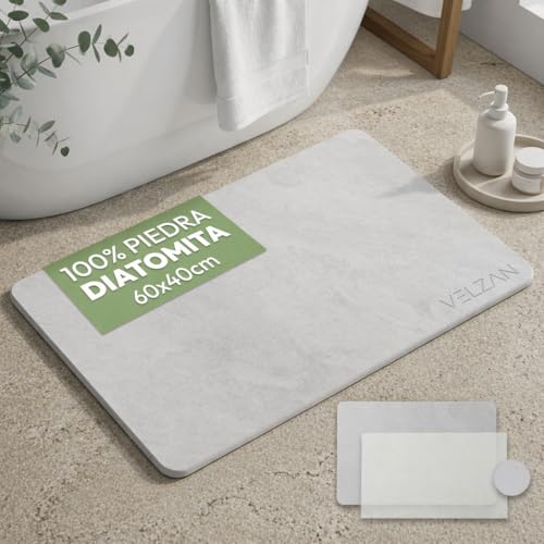 VELZAN Diatomite Bath Mat 60 x 40 cm – Non-Slip, Quick-Drying, Absorbent – Versatile for Bathroom, Kitchen and More. Stone Bath Mat.