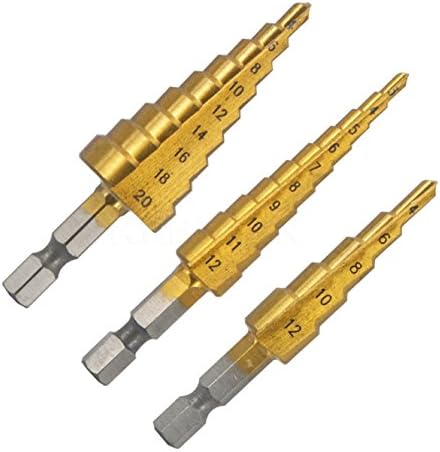 Cone Drill Bit for Metal High Speed Steel Step, Numbered Drill Bits, Drill Attachment Cone Titanium Hole Cutter Metric 3-12 4-12 4-20mm 1/4" Polishing (3pcs)