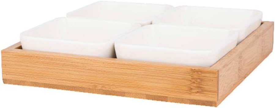 HaloVa Serving Tray, Removable Ceramic Compartment Bowls with Bamboo Tray, Snack Tray, Appetizer Tray, Fruit Tray, and Multifunctional, 4 Grids