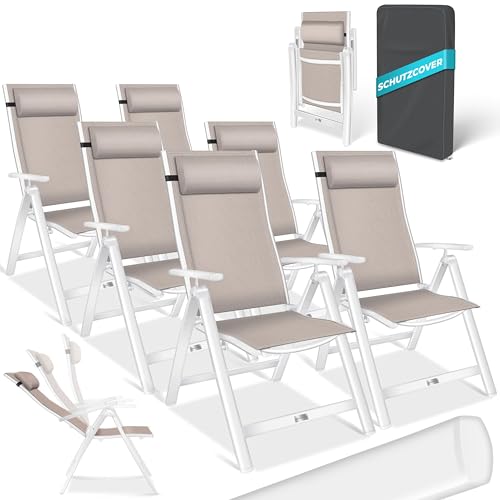 KESSER® Gartenstuhl Hochlehner mit Armlehnen 6er Set Aluminium Klappstuhl mit Kopfkissen & Abdeckung Campingstuhl 7-Fach Verstellbar Rückenlehne Atmun