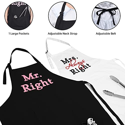 Mr & Mrs kitchen Apron set, Couple Cooking Aprons with Pockets, Engagement Gift, Wedding Anniversary, Bridal Shower Gift with a 12-Inch Grill Clip and Can Opener, Black & White Aprons 4 Piece