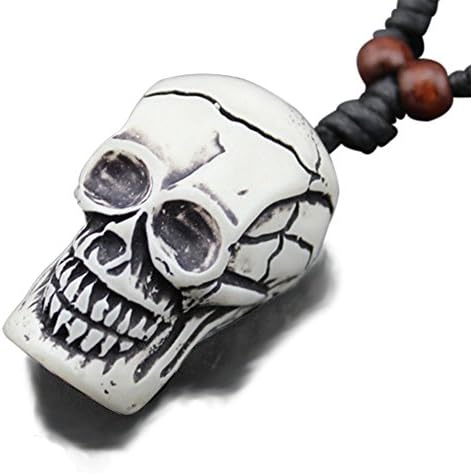 RUNSUN Valentines Gift Punk Brown Skull Face Necklace Hip Pop Evil Big Eyes Wood Personalized Pendant Chain Adjustable Rope