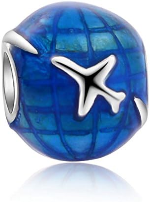 Wybeads Blue Earth With Airplane Travelling Charm Silver Charms Fit European Pendant Necklace Bracelets