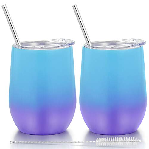 Fungun 12 oz Stemless Wine Tumbler, Stainless Steel Wine Glass, Insulated Tumbler with Lids for Wine, Coffee, Drinks, Cocktails, 2 Sets Including 2 Pieces Straws and Brush (Colorful2) - Thumbnail 7