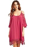 Milumia Women's Summer Cold Shoulder Crochet Lace Sleeve Loose Beach Dress Rose M