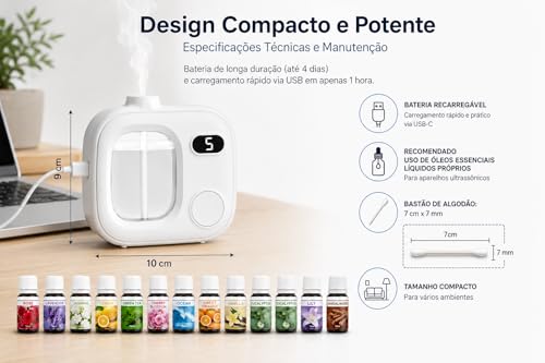 Aromatizador Automático com 12 Essências, Difusor de Aromas Elétrico USB Recarregável, Umidificador de Ar Portátil com Display Digital 5 Modos, Branco