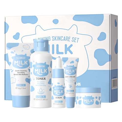 LAIKOU Milk Beauty Gift Sets for Teenage Girls with Cleanser, Cream, Toner, Eye Cream, Serum, Facial Kits for Women Wife Mom, Deep Hydrating Smoothing 5pcs