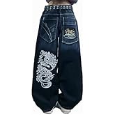 Unisex Y2K Hip Hop Street Jeans Dragon Print Gothic Baggy Jeans Vintage High Waist Denim Jeans Wide Leg Pants
