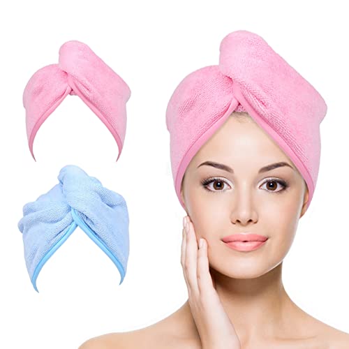 YoulerTex Microfiber Hair Towel Wrap for Women, 2 Pack 10 inch X 26 inch, Super Absorbent Quick Dry Hair Turban For Drying Curly, Long & Thick Hair (Blue+Pink)