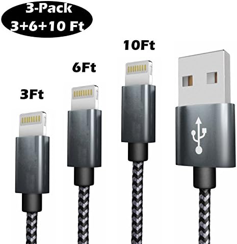 Varthus 8 Pin Charger 3-Pack 3FT/6FT/10FT(1M/2M/3M) Nylon Braided Charging Cables USB Charger Cord, Compatible with iPhone 7/7 Plus/6s/6s Plus/6/6 Plus/5/5S/5C/SE/iPad and iPod (Grey)
