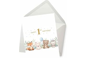 PICTURE THIS PRINTS Animal Woodland Happy 1st Birthday, Woodland Animals 1st Birthday Card, Cute Forest Creatures First Bday 