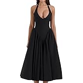 Women's Sexy Sleeveless Summer Dress Backless Deep V Neck Halter Bodycon Maxi Party Dress Beach Vacation Sundress