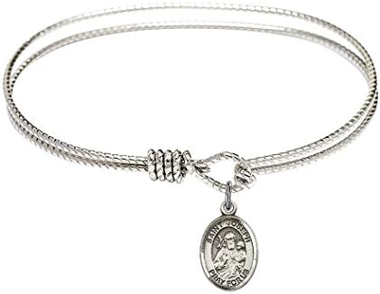 Rhodium Plate Oval Eye Hook Textured Bangle Bracelet with Saint Joseph Petite Charm, 7 1/4 Inch