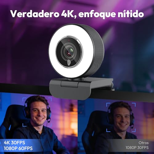 Angetube Webcam 4K con micrófono - Luz Circular integrada, Enfoque automático PDAF,Interfaz USB-A/C Plug and Play,Ideal para Streaming,videollamadas y reuniones,Compatible con PC,portátil,Mac/Windows