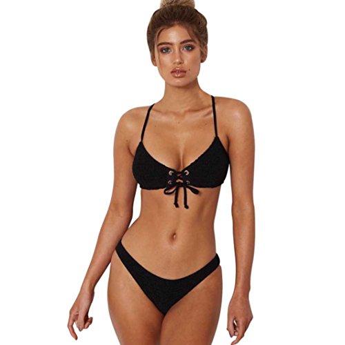 Balakie Push-up Padded Bra Swimsuit Bathing Sexy Women Solid Straps two-piece Bikini Set One hundred wrinkle swimsuit (XL, Black)
